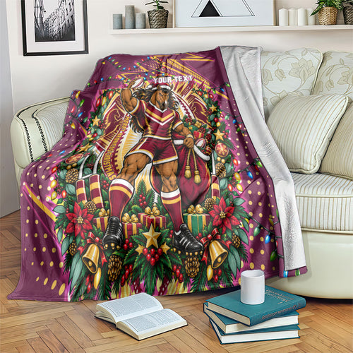 Personalized Brisbane Broncos Rugby Christmas Blanket Holiday Mascot Graphic Art Festive Lights Bow
