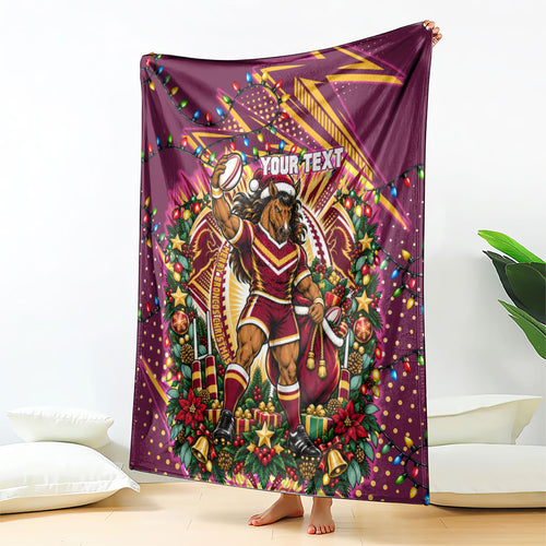 Personalized Brisbane Broncos Rugby Christmas Blanket Holiday Mascot Graphic Art Festive Lights Bow