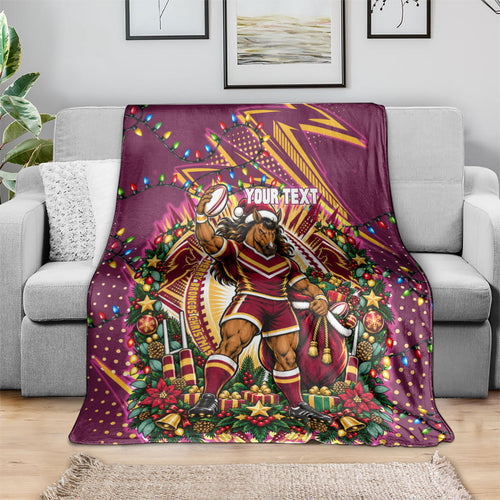 Personalized Brisbane Broncos Rugby Christmas Blanket Holiday Mascot Graphic Art Festive Lights Bow