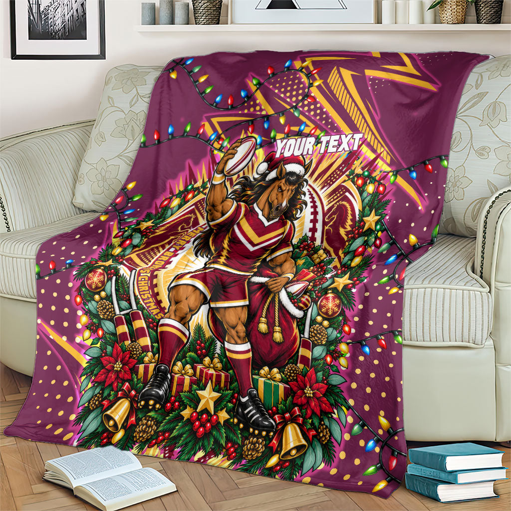 Personalized Brisbane Broncos Rugby Christmas Blanket Holiday Mascot Graphic Art Festive Lights Bow