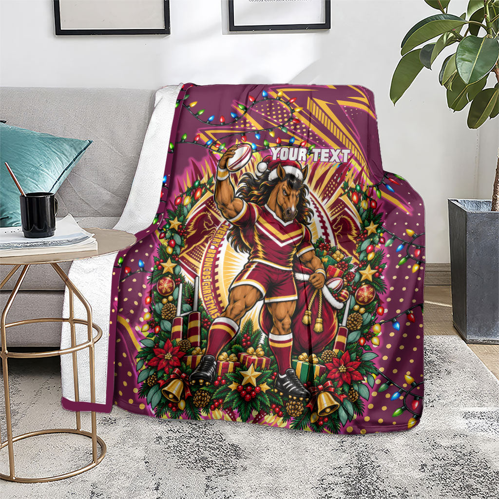 Personalized Brisbane Broncos Rugby Christmas Blanket Holiday Mascot Graphic Art Festive Lights Bow