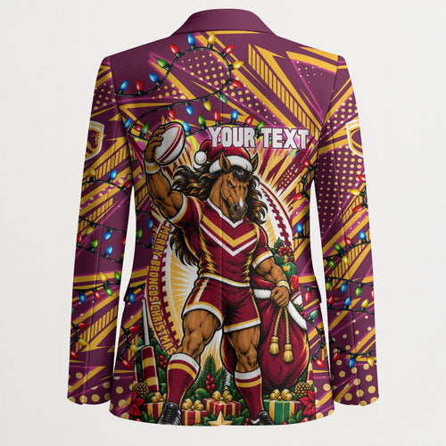 Personalized Brisbane Broncos Rugby Christmas Blazer Holiday Mascot Graphic Art Festive Lights Bow