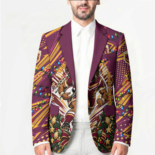 Personalized Brisbane Broncos Rugby Christmas Blazer Holiday Mascot Graphic Art Festive Lights Bow