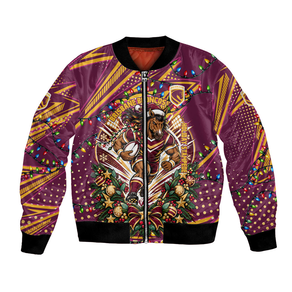 Personalized Brisbane Broncos Rugby Christmas Bomber Jacket Holiday Mascot Graphic Art Festive Lights Bow