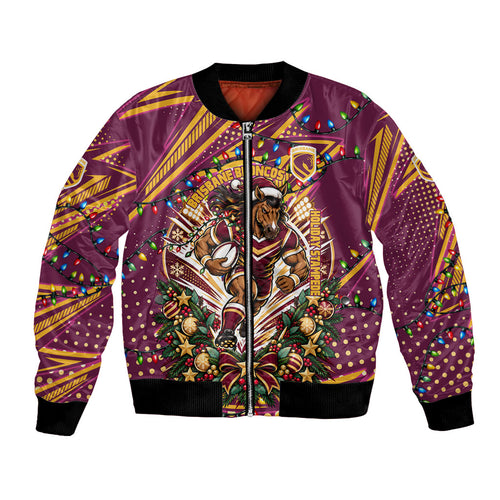 Personalized Brisbane Broncos Rugby Christmas Bomber Jacket Holiday Mascot Graphic Art Festive Lights Bow