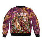 Personalized Brisbane Broncos Rugby Christmas Bomber Jacket Holiday Mascot Graphic Art Festive Lights Bow