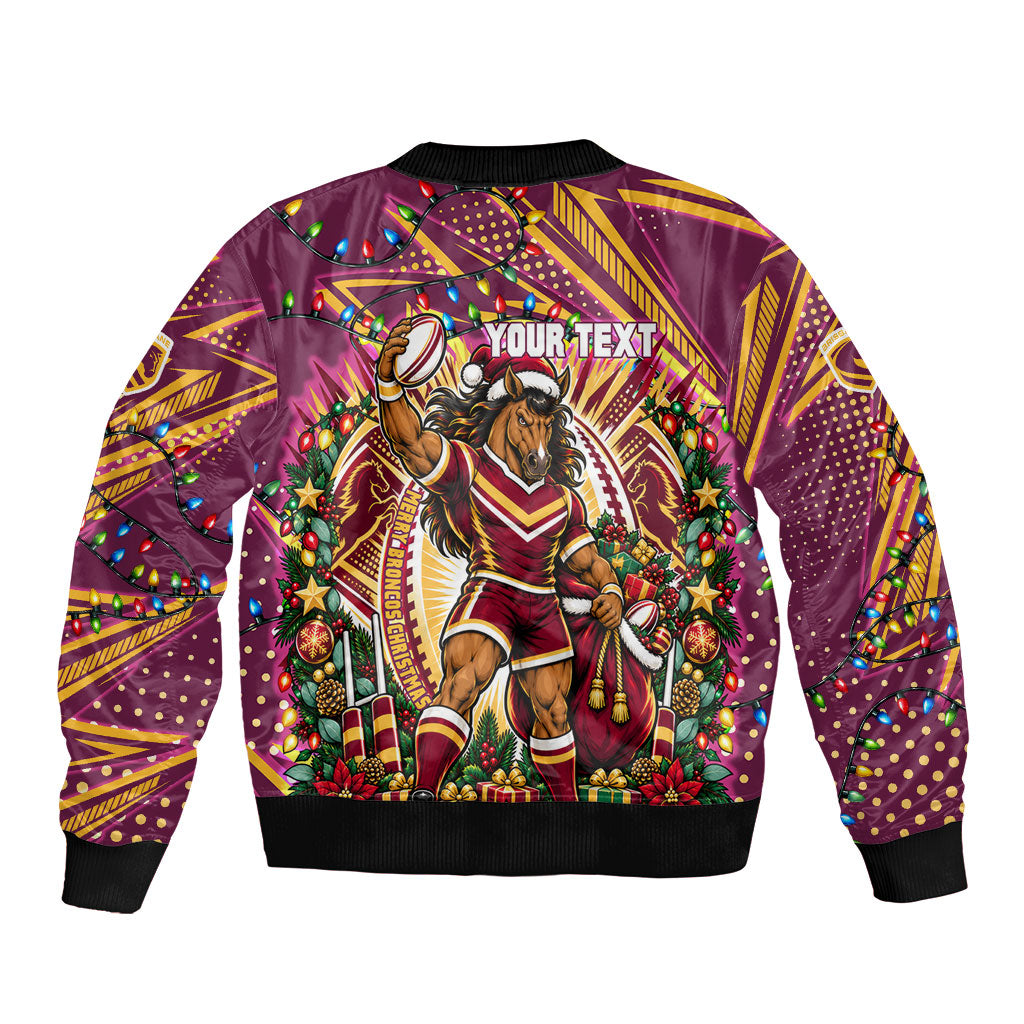 Personalized Brisbane Broncos Rugby Christmas Bomber Jacket Holiday Mascot Graphic Art Festive Lights Bow