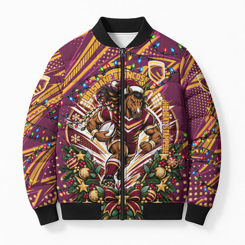 Personalized Brisbane Broncos Rugby Christmas Bomber Puffer Jacket Holiday Mascot Graphic Art Festive Lights Bow