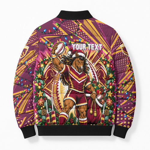 Personalized Brisbane Broncos Rugby Christmas Bomber Puffer Jacket Holiday Mascot Graphic Art Festive Lights Bow