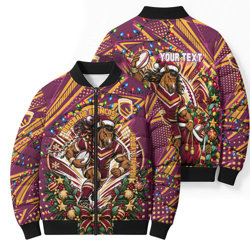 Personalized Brisbane Broncos Rugby Christmas Bomber Puffer Jacket Holiday Mascot Graphic Art Festive Lights Bow