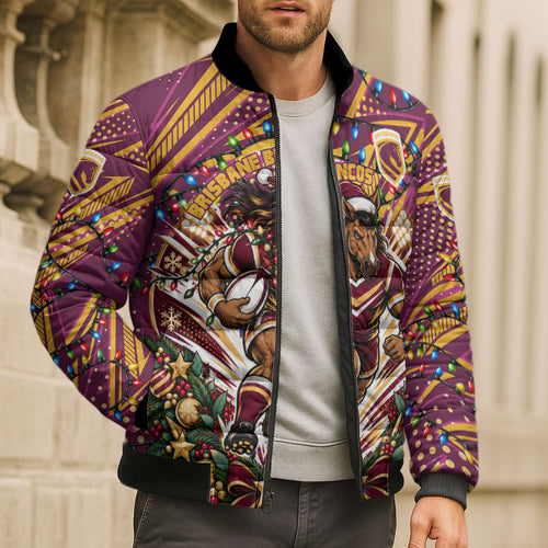 Personalized Brisbane Broncos Rugby Christmas Bomber Puffer Jacket Holiday Mascot Graphic Art Festive Lights Bow