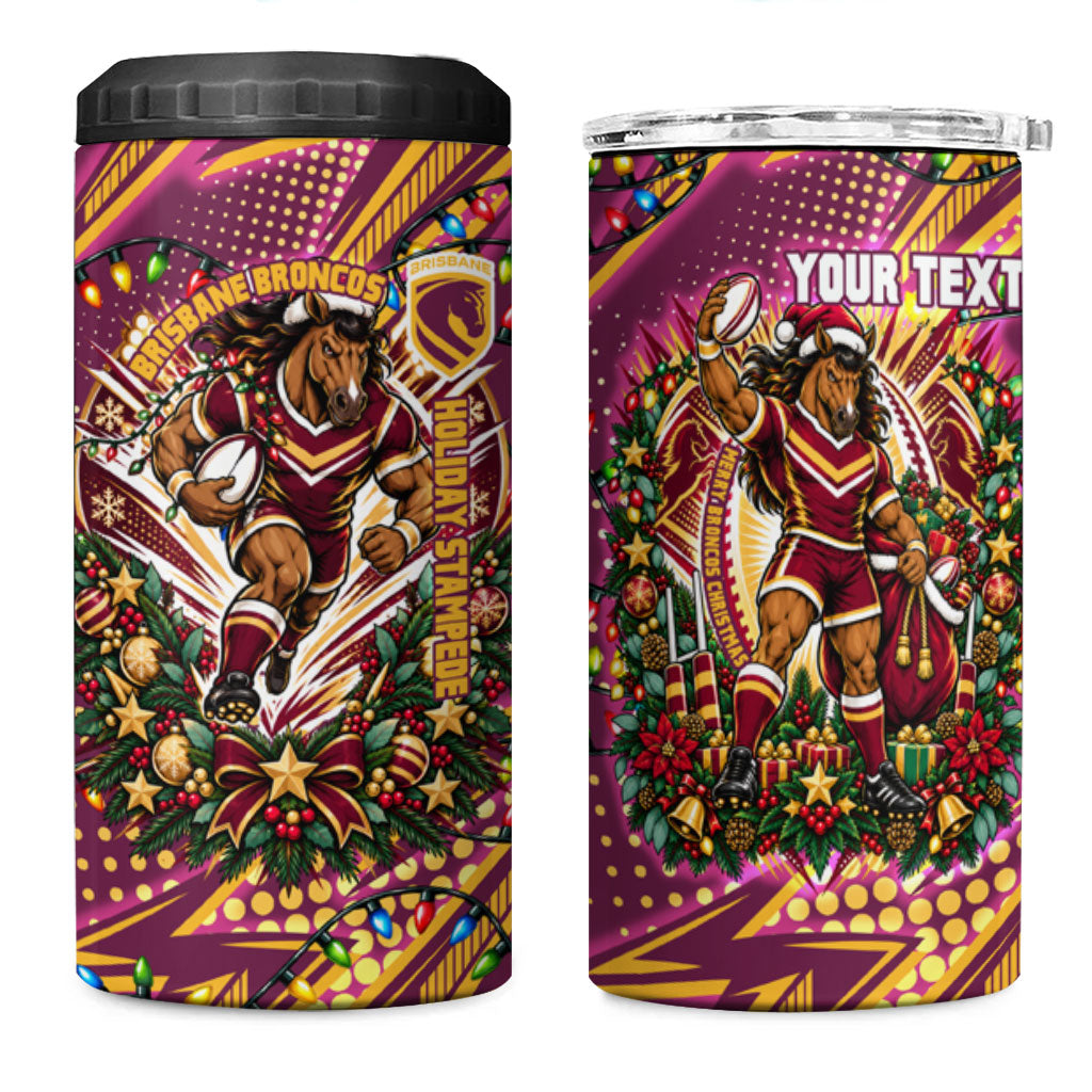 Personalized Brisbane Broncos Rugby Christmas 4 in 1 Can Cooler Tumbler Holiday Mascot Graphic Art Festive Lights Bow