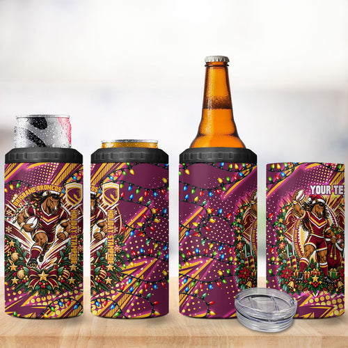 Personalized Brisbane Broncos Rugby Christmas 4 in 1 Can Cooler Tumbler Holiday Mascot Graphic Art Festive Lights Bow