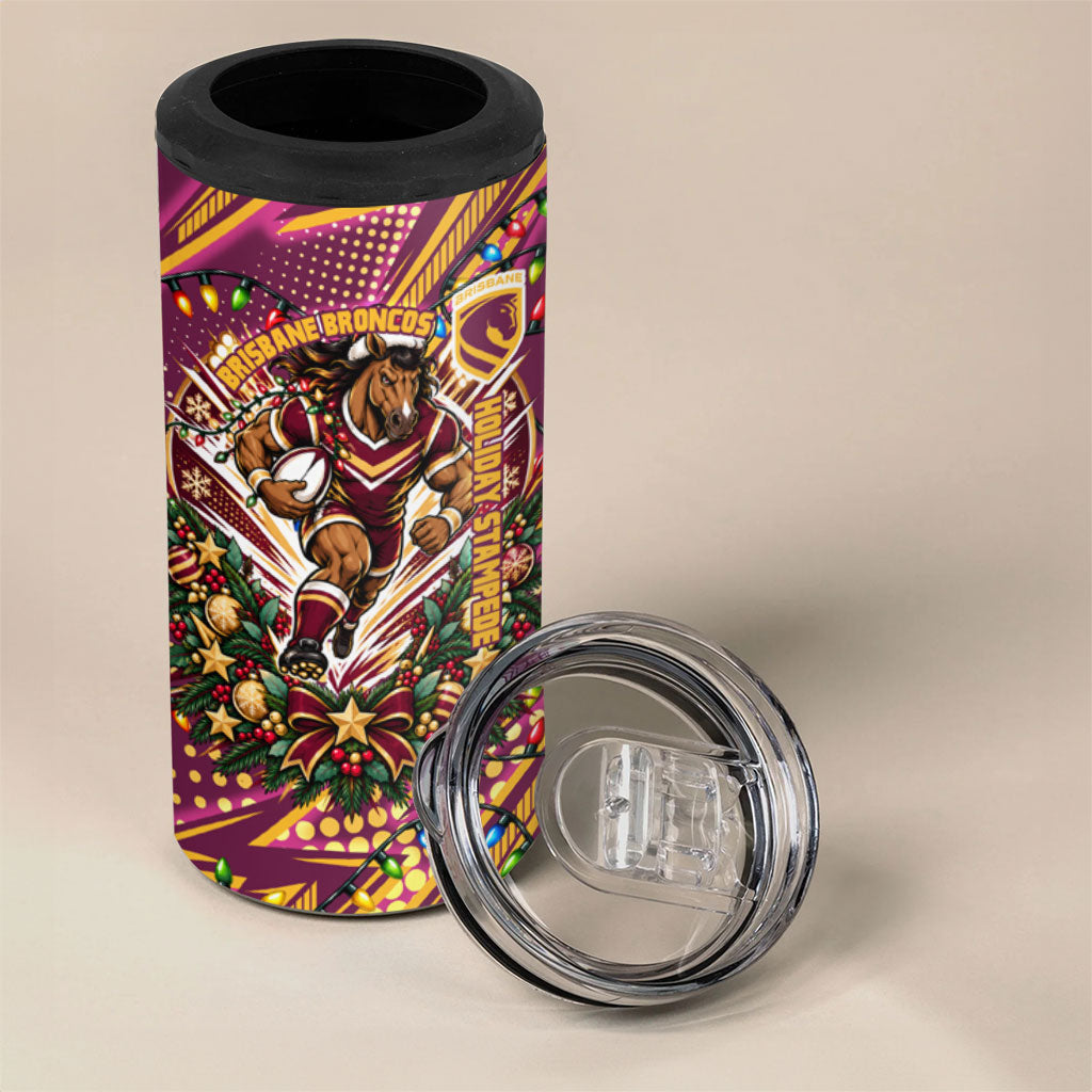 Personalized Brisbane Broncos Rugby Christmas 4 in 1 Can Cooler Tumbler Holiday Mascot Graphic Art Festive Lights Bow