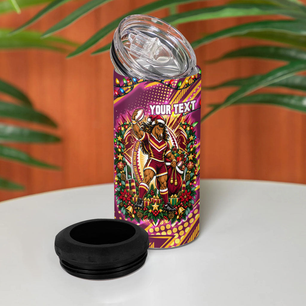 Personalized Brisbane Broncos Rugby Christmas 4 in 1 Can Cooler Tumbler Holiday Mascot Graphic Art Festive Lights Bow