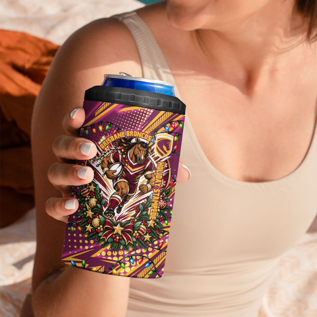 Personalized Brisbane Broncos Rugby Christmas 4 in 1 Can Cooler Tumbler Holiday Mascot Graphic Art Festive Lights Bow
