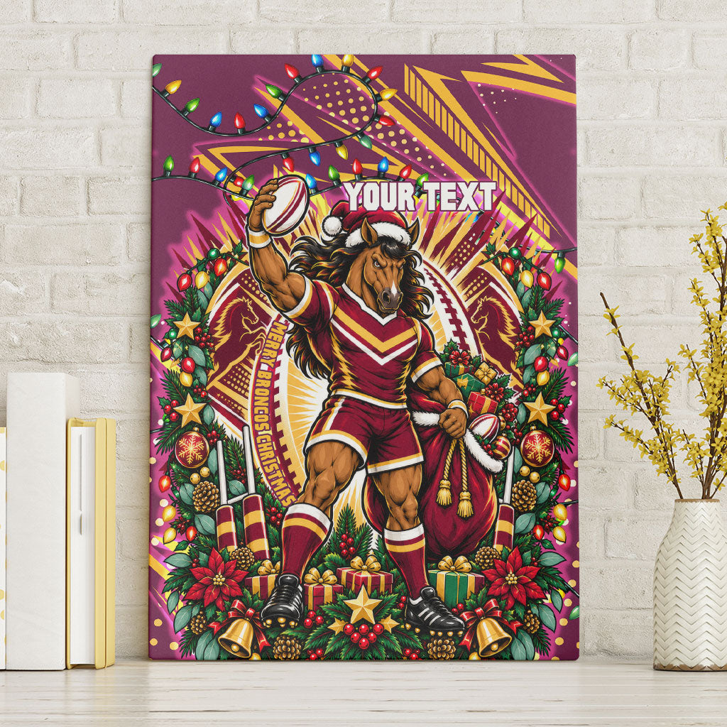 Personalized Brisbane Broncos Rugby Christmas Canvas Wall Art Holiday Mascot Graphic Art Festive Lights Bow