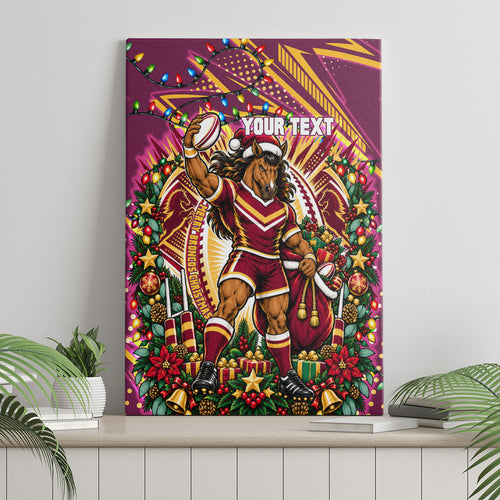 Personalized Brisbane Broncos Rugby Christmas Canvas Wall Art Holiday Mascot Graphic Art Festive Lights Bow
