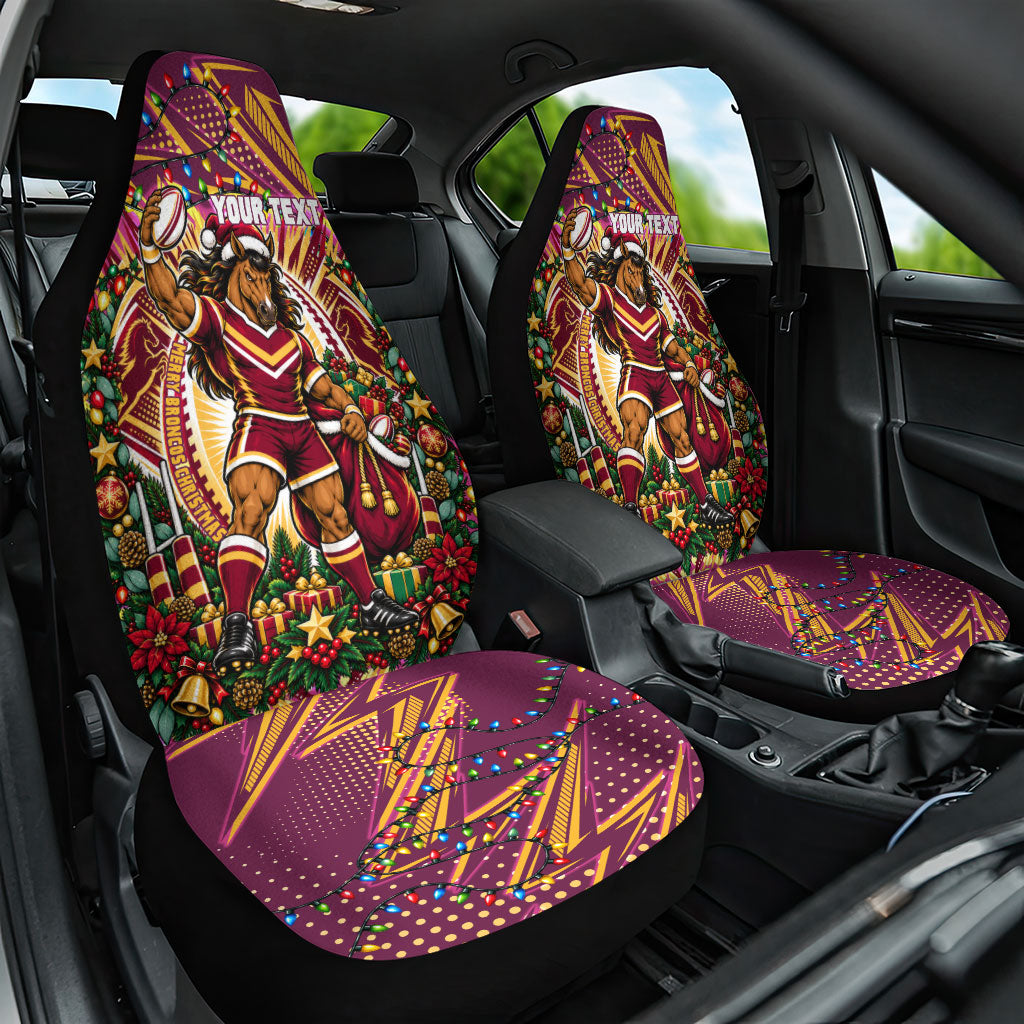 Personalized Brisbane Broncos Rugby Christmas Car Seat Cover Holiday Mascot Graphic Art Festive Lights Bow