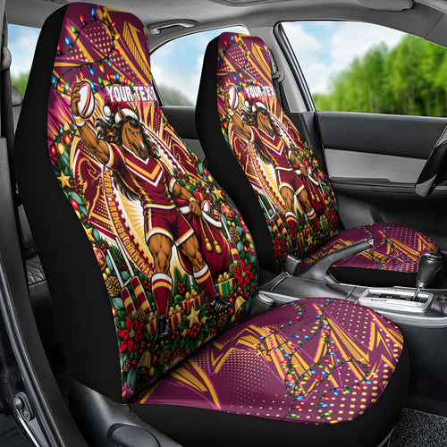 Personalized Brisbane Broncos Rugby Christmas Car Seat Cover Holiday Mascot Graphic Art Festive Lights Bow