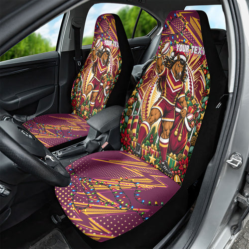 Personalized Brisbane Broncos Rugby Christmas Car Seat Cover Holiday Mascot Graphic Art Festive Lights Bow