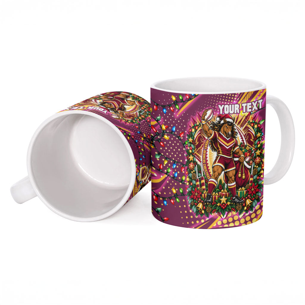 Personalized Brisbane Broncos Rugby Christmas Ceramic Mug Holiday Mascot Graphic Art Festive Lights Bow
