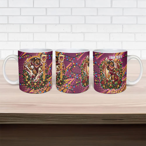 Personalized Brisbane Broncos Rugby Christmas Ceramic Mug Holiday Mascot Graphic Art Festive Lights Bow