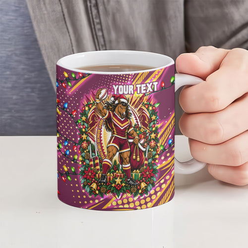 Personalized Brisbane Broncos Rugby Christmas Ceramic Mug Holiday Mascot Graphic Art Festive Lights Bow