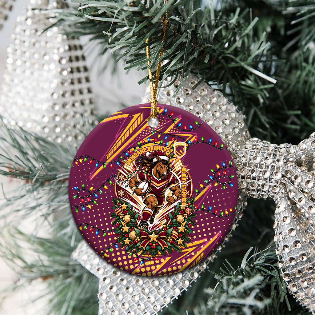 Brisbane Broncos Rugby Christmas Ceramic Ornament Holiday Mascot Graphic Art Festive Lights Bow