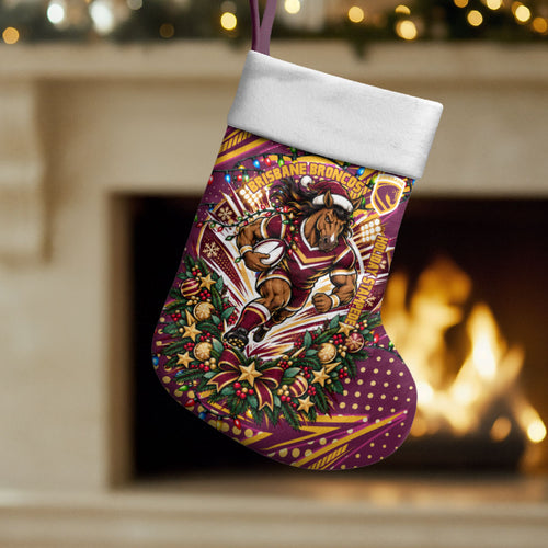 Brisbane Broncos Rugby Christmas Stocking Holiday Mascot Graphic Art Festive Lights Bow