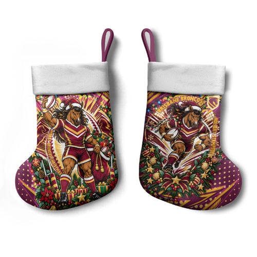 Brisbane Broncos Rugby Christmas Stocking Holiday Mascot Graphic Art Festive Lights Bow