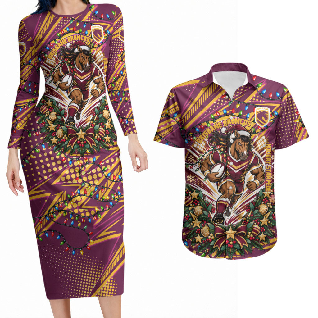 Personalized Brisbane Broncos Rugby Christmas Couples Matching Long Sleeve Bodycon Dress and Hawaiian Shirt Holiday Mascot Graphic Art Festive Lights Bow