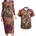 Personalized Brisbane Broncos Rugby Christmas Couples Matching Long Sleeve Bodycon Dress and Hawaiian Shirt Holiday Mascot Graphic Art Festive Lights Bow