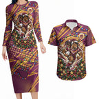Personalized Brisbane Broncos Rugby Christmas Couples Matching Long Sleeve Bodycon Dress and Hawaiian Shirt Holiday Mascot Graphic Art Festive Lights Bow