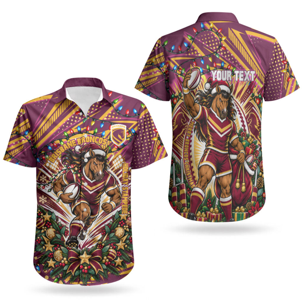 Personalized Brisbane Broncos Rugby Christmas Couples Matching Long Sleeve Bodycon Dress and Hawaiian Shirt Holiday Mascot Graphic Art Festive Lights Bow