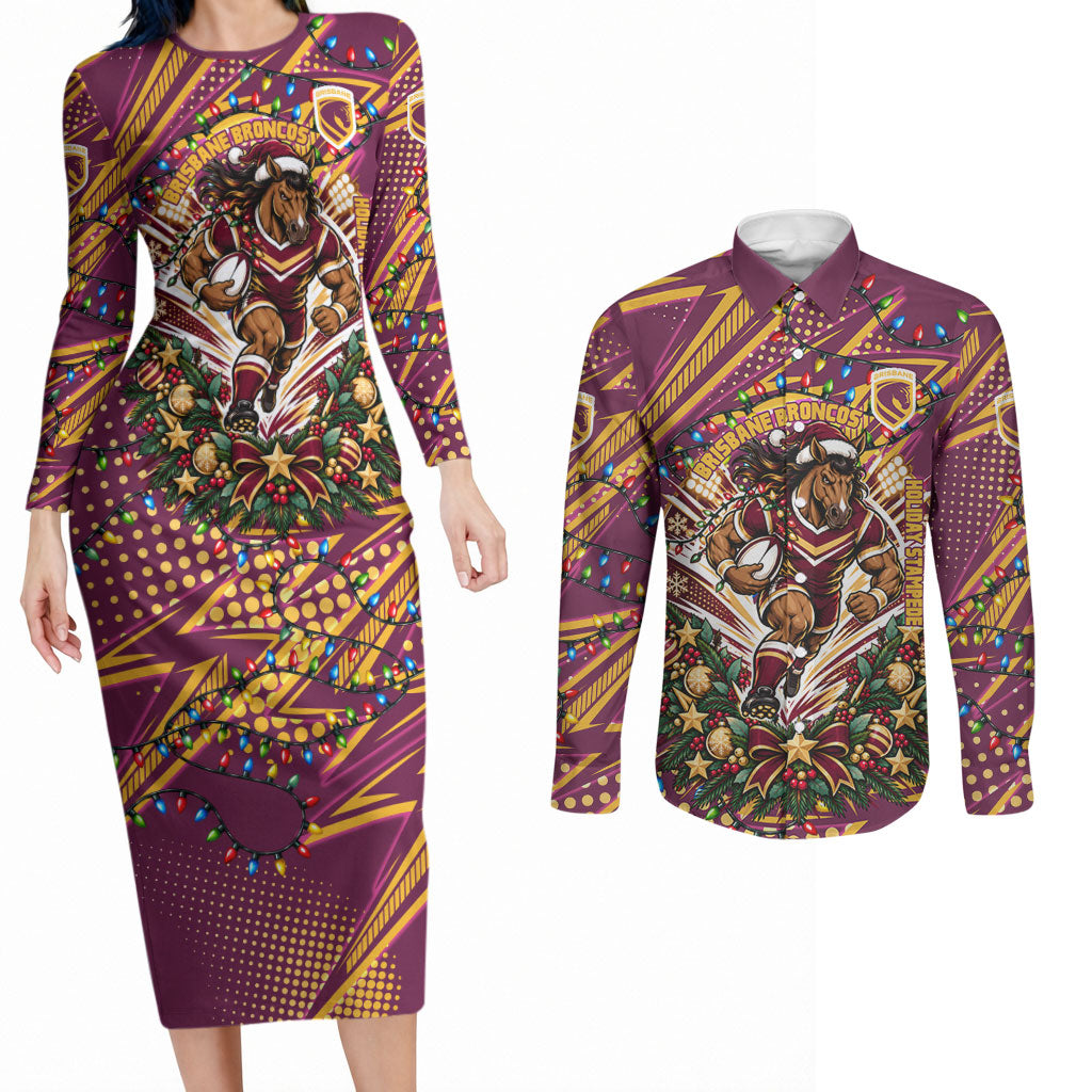 Personalized Brisbane Broncos Rugby Christmas Couples Matching Long Sleeve Bodycon Dress and Long Sleeve Button Shirt Holiday Mascot Graphic Art Festive Lights Bow