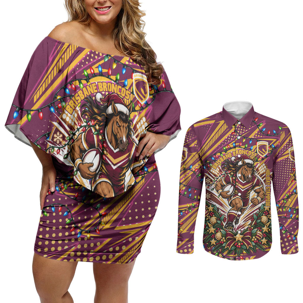 Personalized Brisbane Broncos Rugby Christmas Couples Matching Off Shoulder Short Dress and Long Sleeve Button Shirt Holiday Mascot Graphic Art Festive Lights Bow