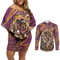 Personalized Brisbane Broncos Rugby Christmas Couples Matching Off Shoulder Short Dress and Long Sleeve Button Shirt Holiday Mascot Graphic Art Festive Lights Bow