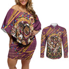 Personalized Brisbane Broncos Rugby Christmas Couples Matching Off Shoulder Short Dress and Long Sleeve Button Shirt Holiday Mascot Graphic Art Festive Lights Bow