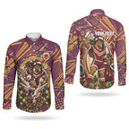 Personalized Brisbane Broncos Rugby Christmas Couples Matching Off Shoulder Short Dress and Long Sleeve Button Shirt Holiday Mascot Graphic Art Festive Lights Bow