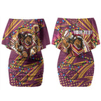 Personalized Brisbane Broncos Rugby Christmas Couples Matching Off Shoulder Short Dress and Long Sleeve Button Shirt Holiday Mascot Graphic Art Festive Lights Bow