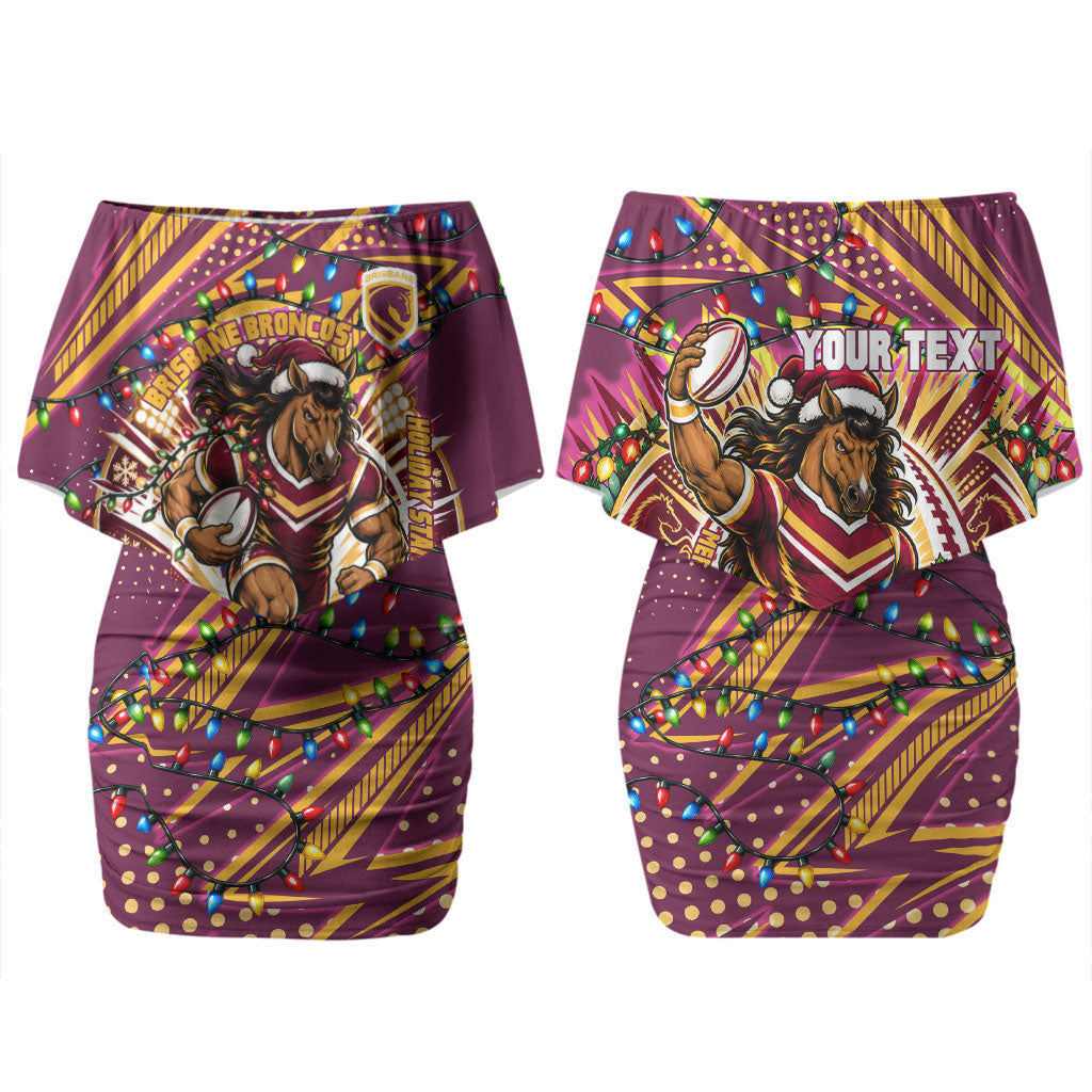 Personalized Brisbane Broncos Rugby Christmas Couples Matching Off Shoulder Short Dress and Long Sleeve Button Shirt Holiday Mascot Graphic Art Festive Lights Bow