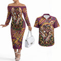Personalized Brisbane Broncos Rugby Christmas Couples Matching Off The Shoulder Long Sleeve Dress and Hawaiian Shirt Holiday Mascot Graphic Art Festive Lights Bow