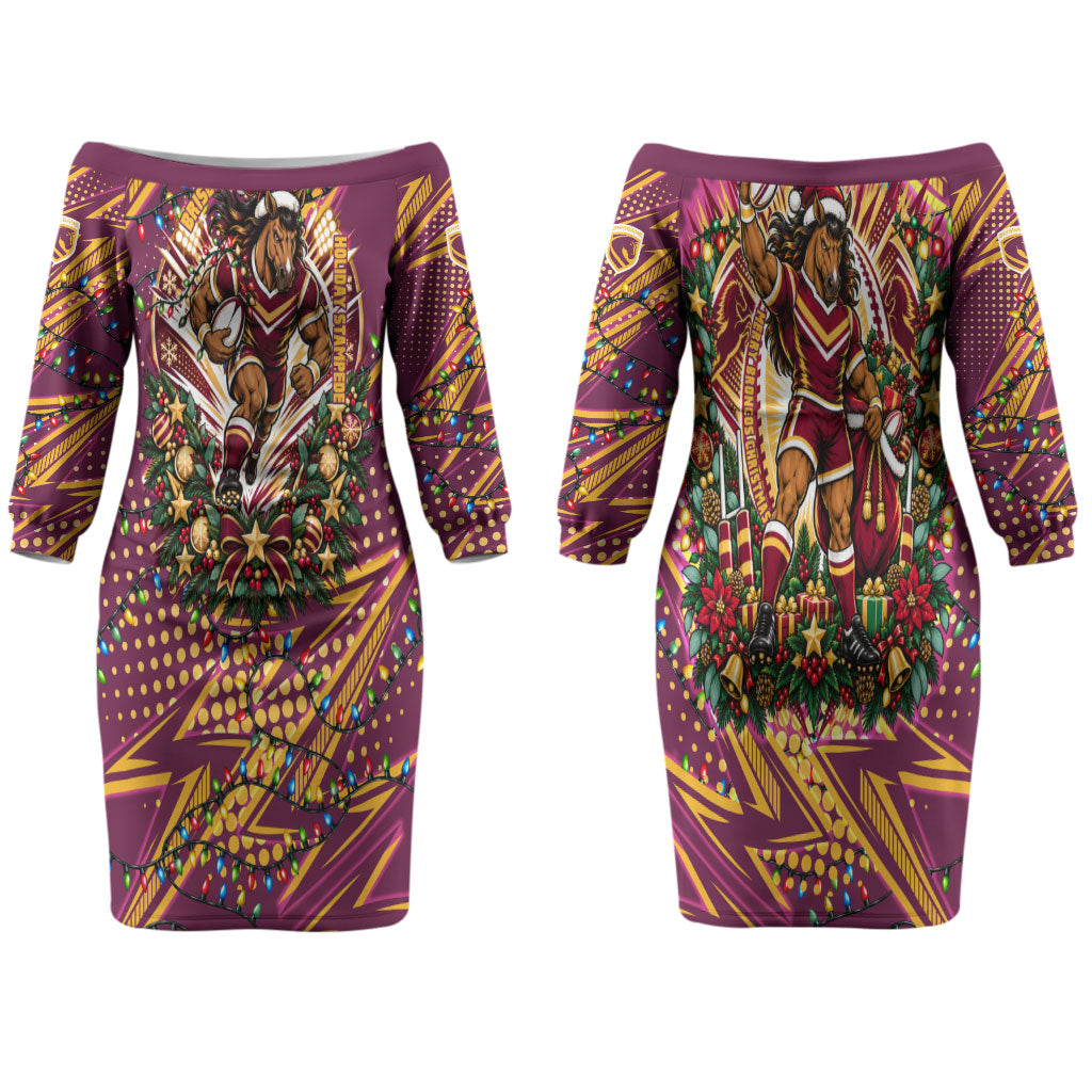 Personalized Brisbane Broncos Rugby Christmas Couples Matching Off The Shoulder Long Sleeve Dress and Hawaiian Shirt Holiday Mascot Graphic Art Festive Lights Bow