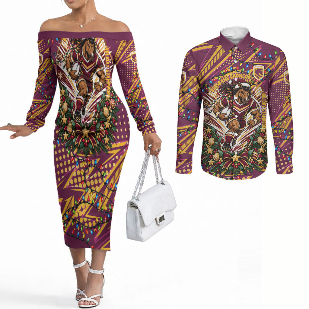Personalized Brisbane Broncos Rugby Christmas Couples Matching Off The Shoulder Long Sleeve Dress and Long Sleeve Button Shirt Holiday Mascot Graphic Art Festive Lights Bow