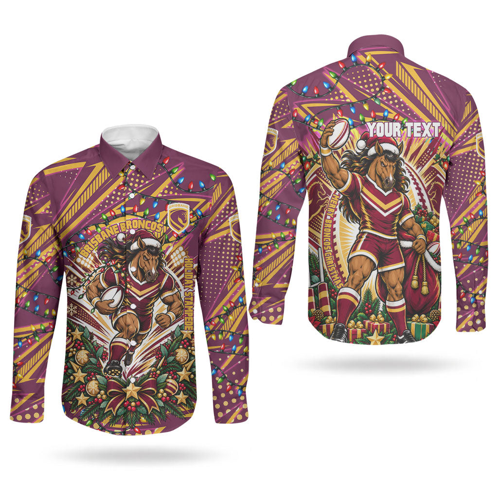 Personalized Brisbane Broncos Rugby Christmas Couples Matching Off The Shoulder Long Sleeve Dress and Long Sleeve Button Shirt Holiday Mascot Graphic Art Festive Lights Bow