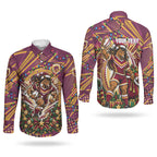 Personalized Brisbane Broncos Rugby Christmas Couples Matching Off The Shoulder Long Sleeve Dress and Long Sleeve Button Shirt Holiday Mascot Graphic Art Festive Lights Bow