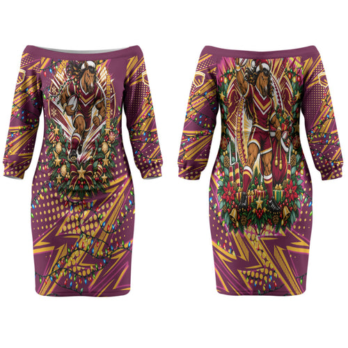 Personalized Brisbane Broncos Rugby Christmas Couples Matching Off The Shoulder Long Sleeve Dress and Long Sleeve Button Shirt Holiday Mascot Graphic Art Festive Lights Bow