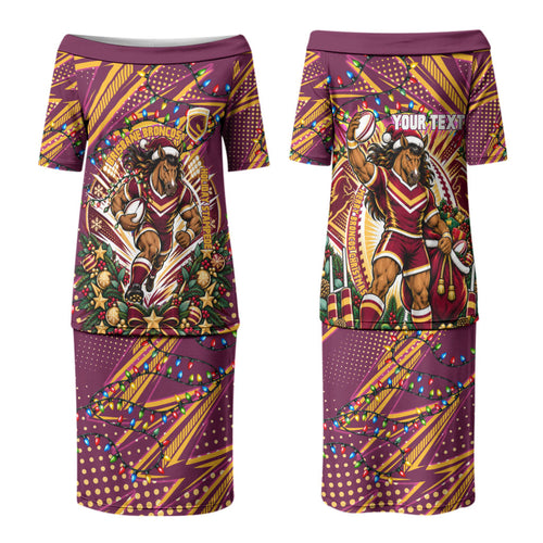 Personalized Brisbane Broncos Rugby Christmas Couples Matching Puletasi and Long Sleeve Button Shirt Holiday Mascot Graphic Art Festive Lights Bow