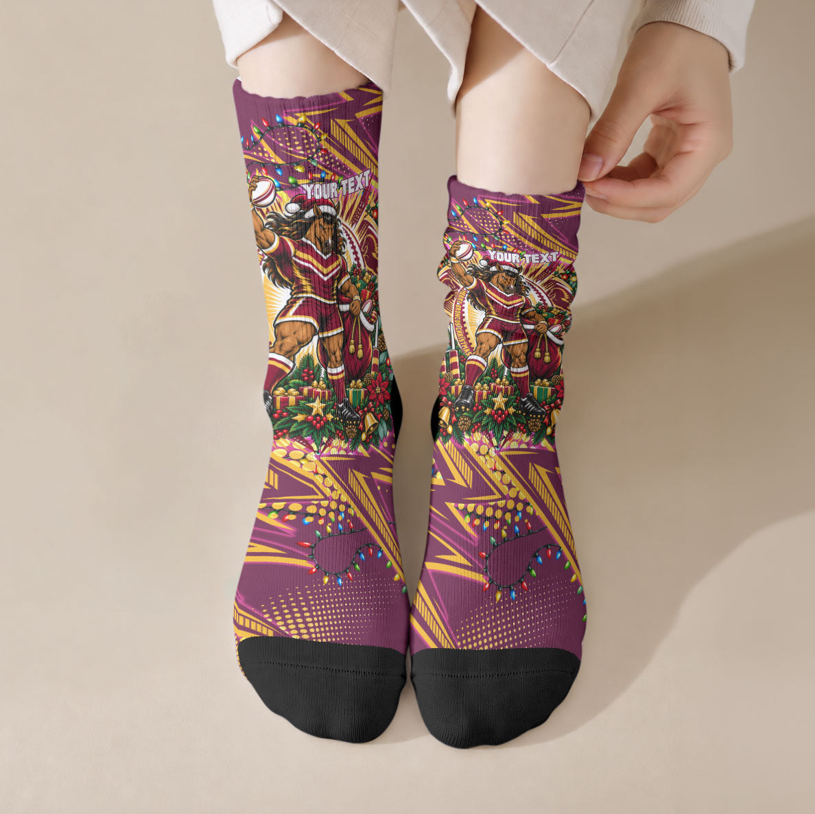 Personalized Brisbane Broncos Rugby Christmas Crew Socks Holiday Mascot Graphic Art Festive Lights Bow